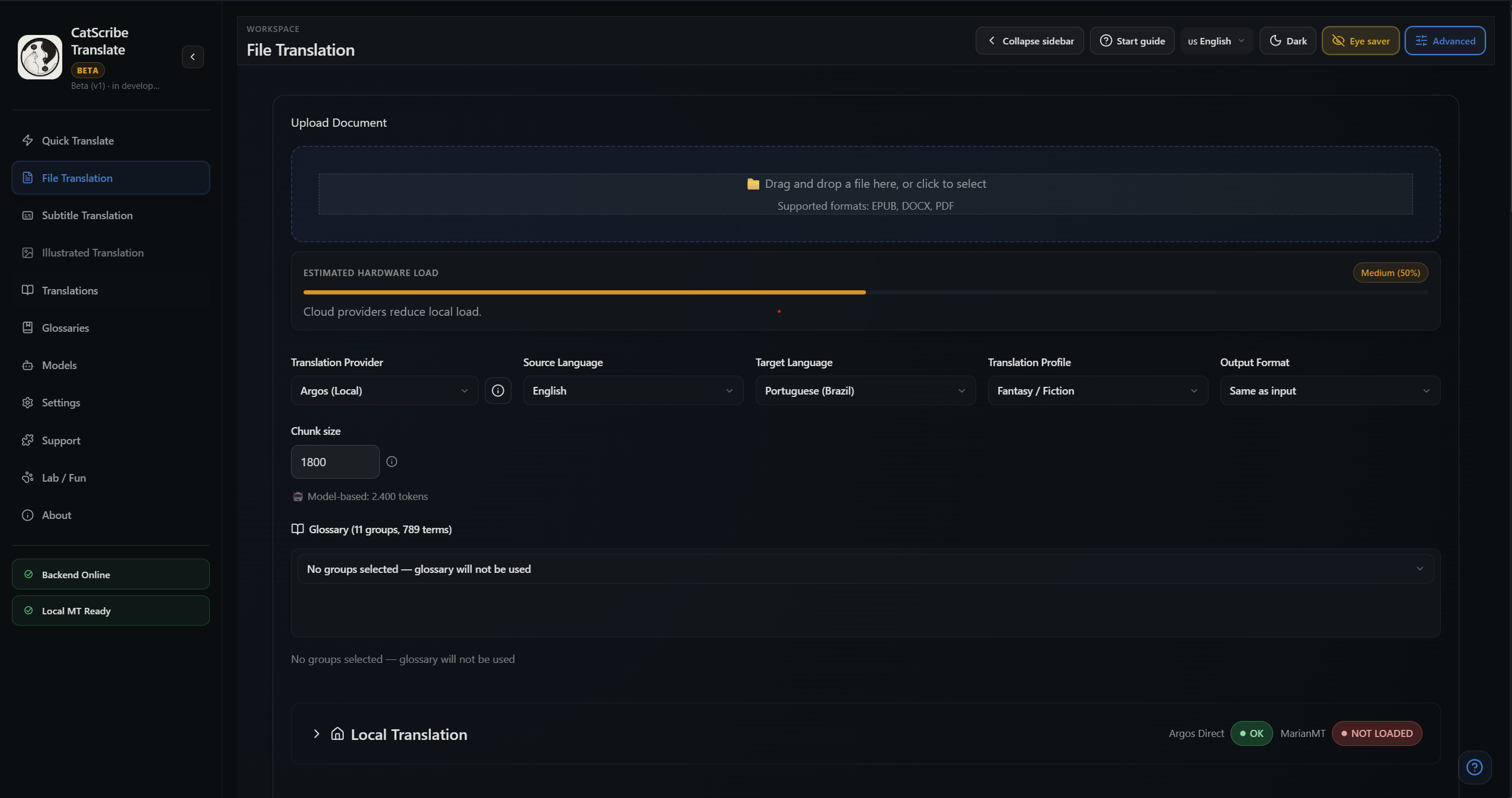 CatScribe Translate File Translation screen for uploading and translating large documents