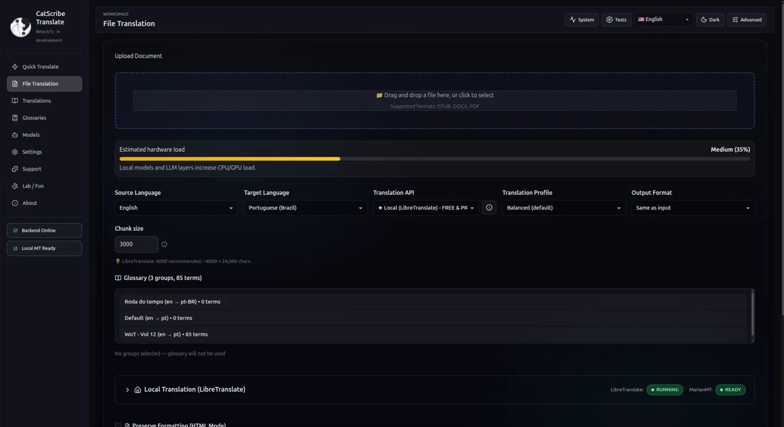 File translation screen