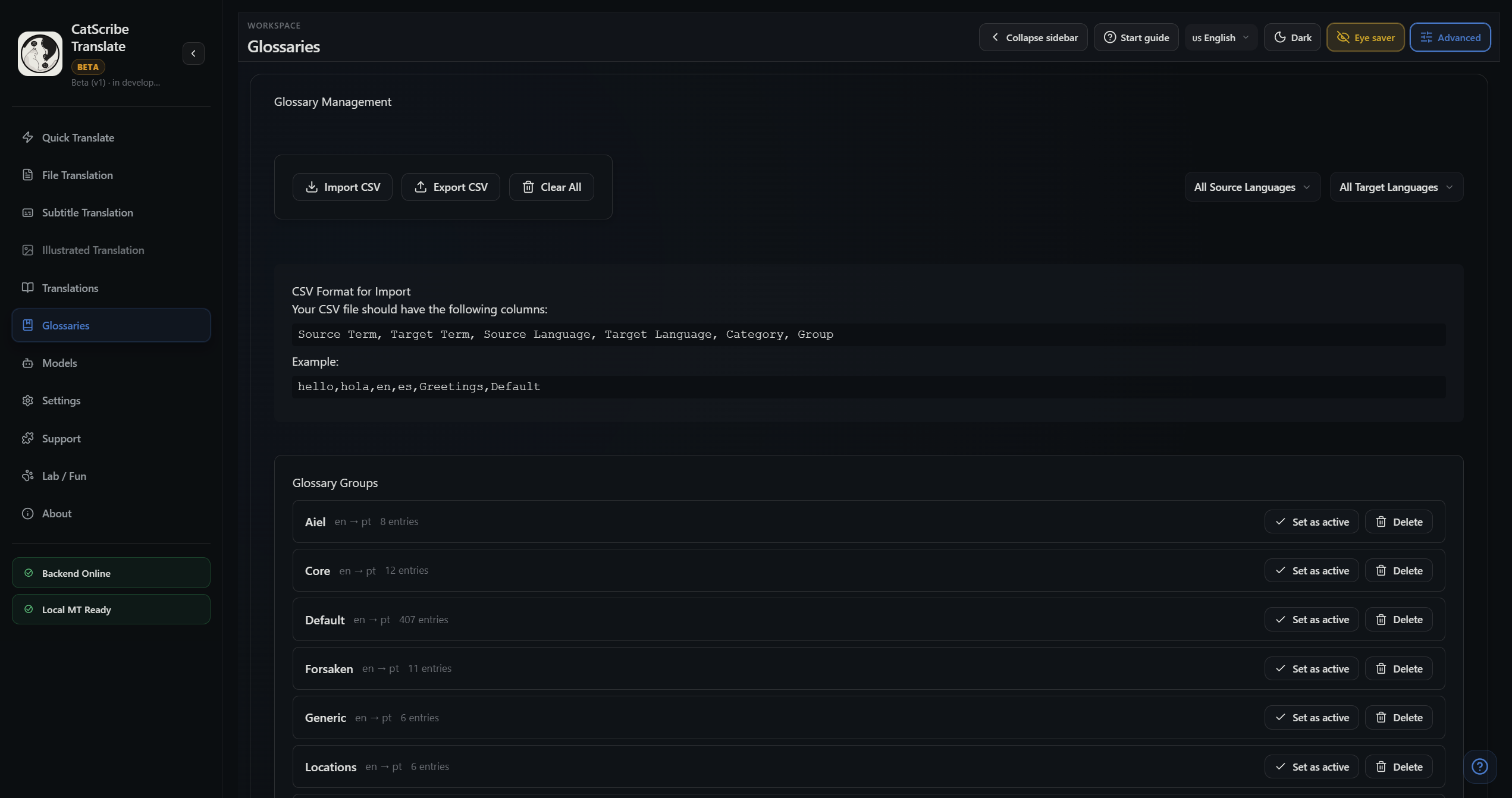 CatScribe Translate Glossaries screen for creating groups and book-specific terminology