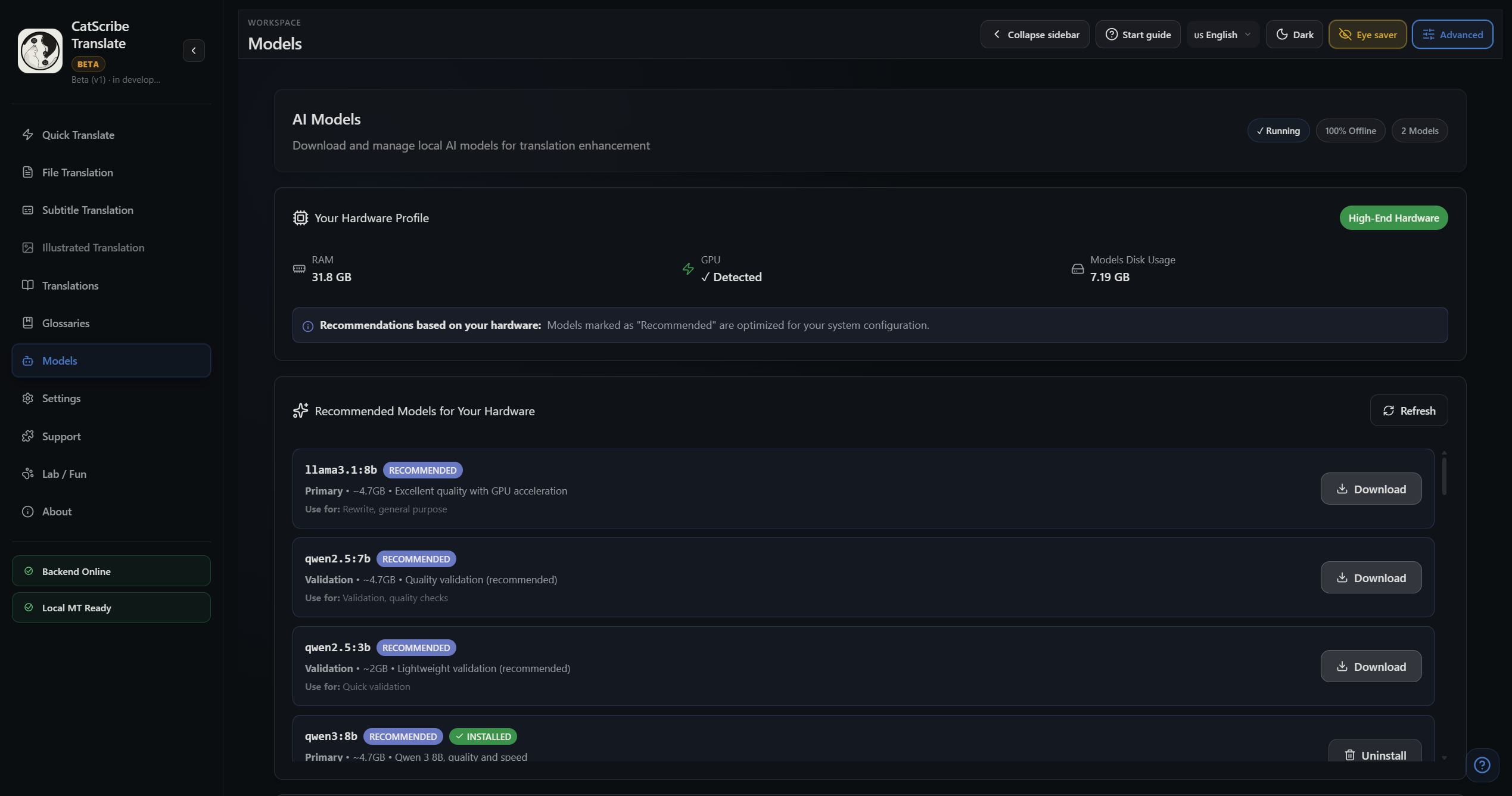 CatScribe Translate Models screen for managing local AI models and hardware profile