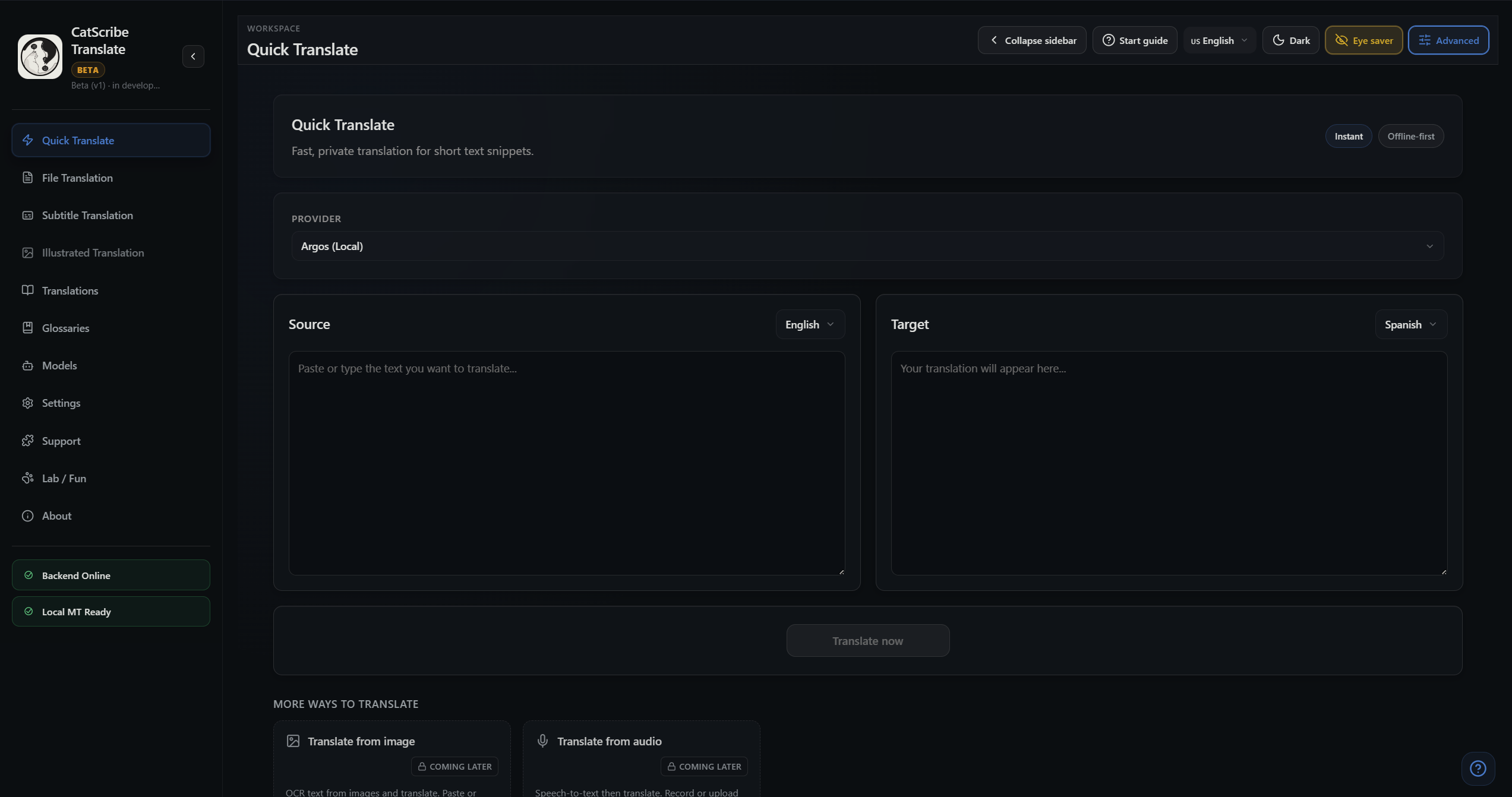 CatScribe Translate Quick Translate interface showing source and target text