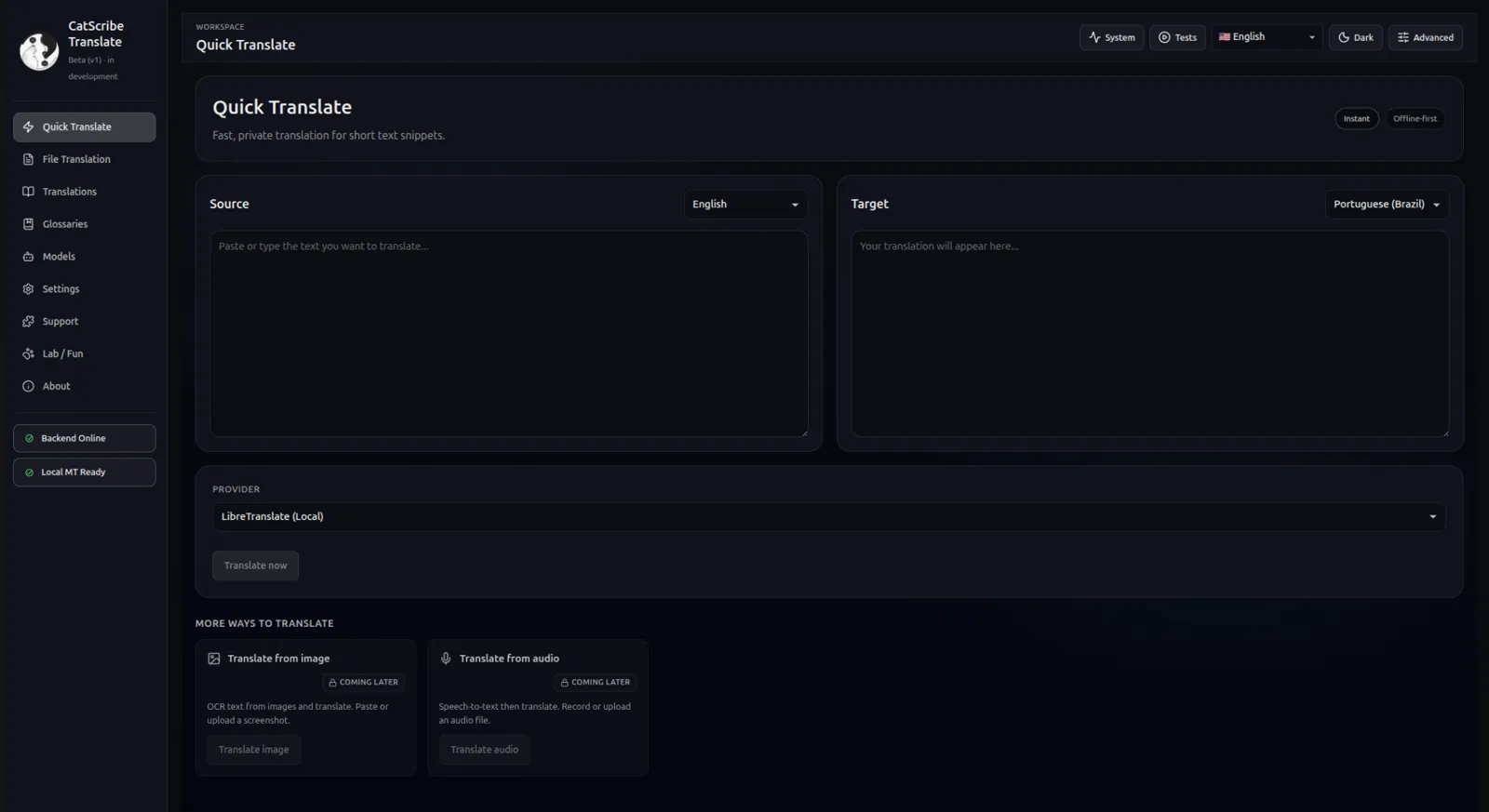 Quick translate screen
